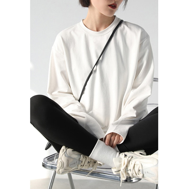Chic Ven Spring Autumn Women's Solid Color Loose Long Sleeve T-shirt