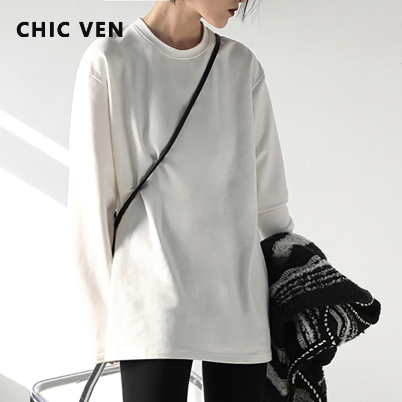 Chic Ven Spring Autumn Women's Solid Color Loose Long Sleeve T-shirt