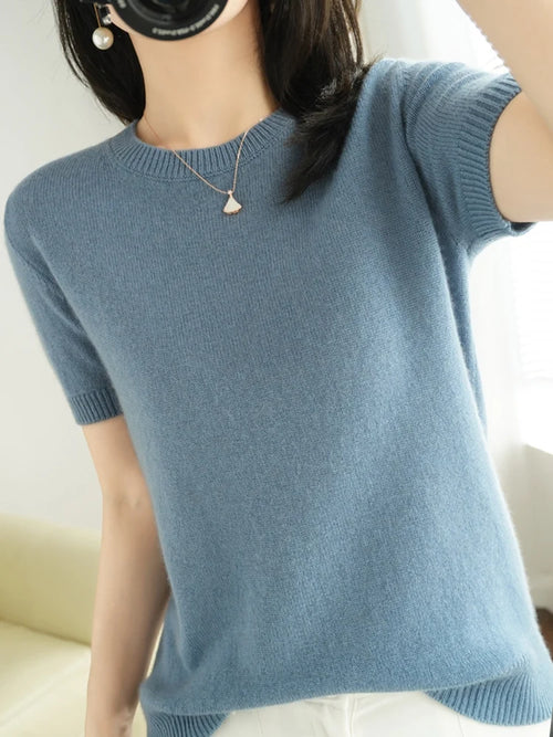 New Short-sleeved Knitwear Women O-neck T-shirt Wool Cotton Blend