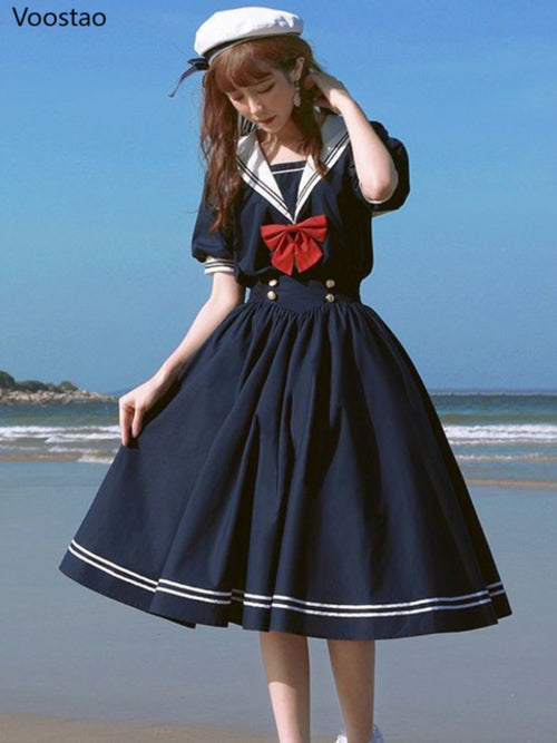 Japanese Soft Sister Cute Lolita Dress Women Sweet Puff Sleeve Slim