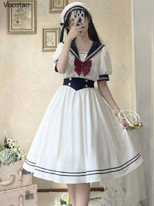 Japanese Soft Sister Cute Lolita Dress Women Sweet Puff Sleeve Slim