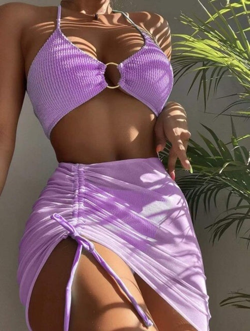 New High Elastic Bikini Set for 2023 Summer Three piece Solid Color