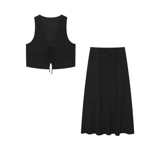 TRAFZA Women Fashion Vintage Solid Skirt Suit Bow Lace-up Tank Tops V