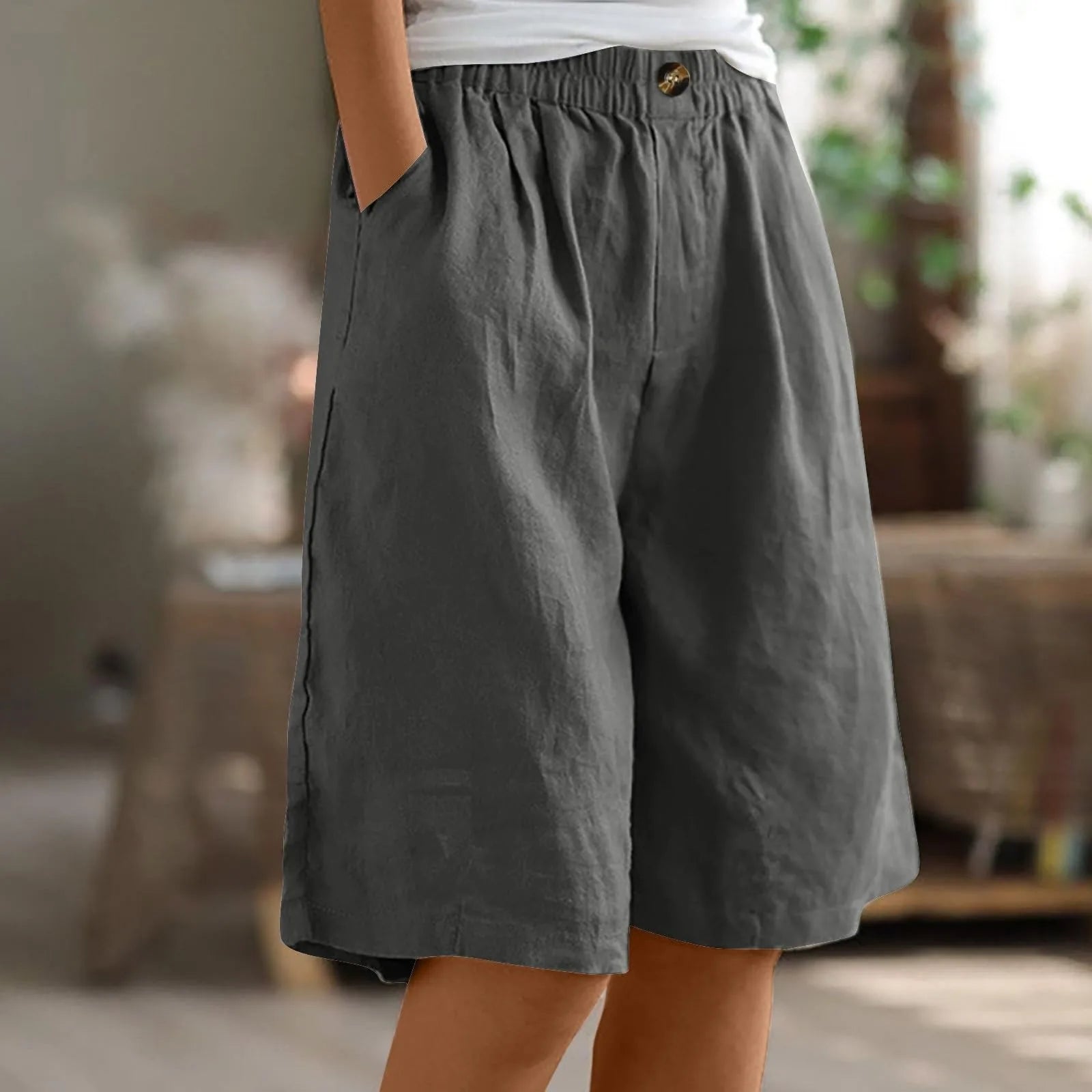 Cotton Linen Shorts Women Summer New Solid Vintage Elastic Waist Wide