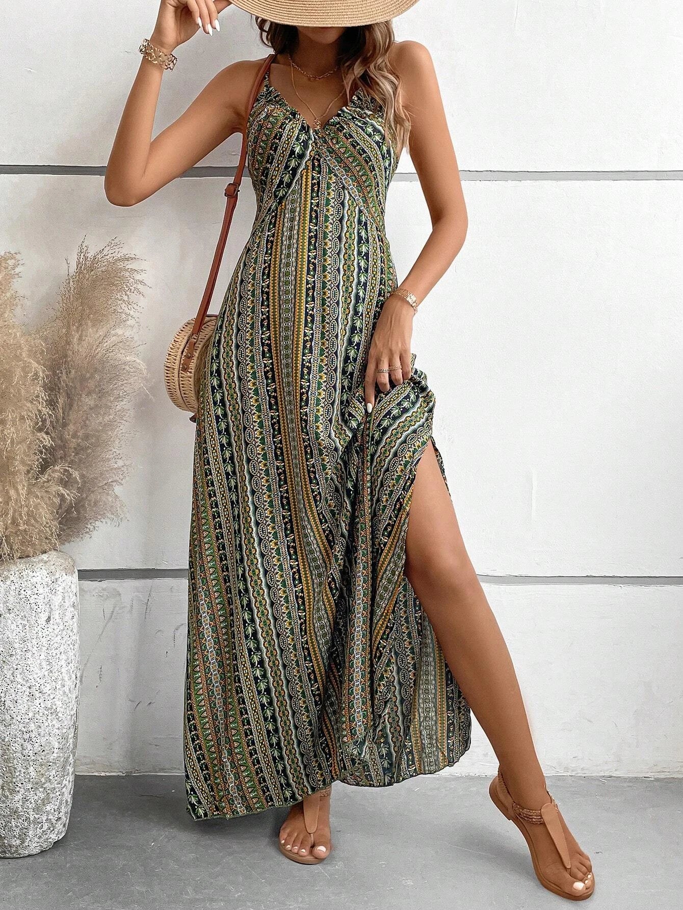 Women's Summer Ethnic Pattern Backless Split Thigh Dress Ladies Summer