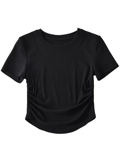 Harajuku Women Crew Neck Short Sleeve Cotton Tee With Ruched Sides