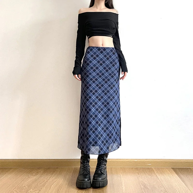 Women Spring Autumn Plaid Print Wrap Hips Skirts Fashion Ankle-Length