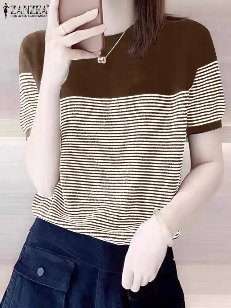ZANZEA Women Summer T Shirt Vintage Striped Short Sleeve Tee Korean