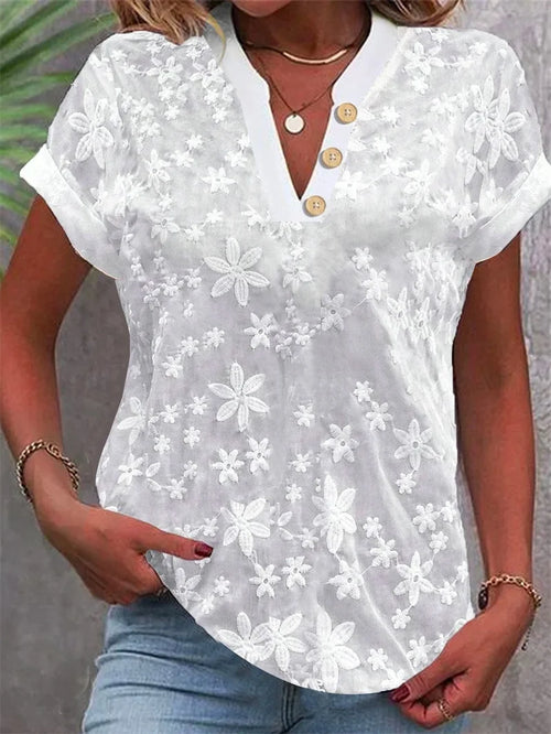 Summer Casual V-neck Shirt Blouse Women Fashion White Jacquard Short