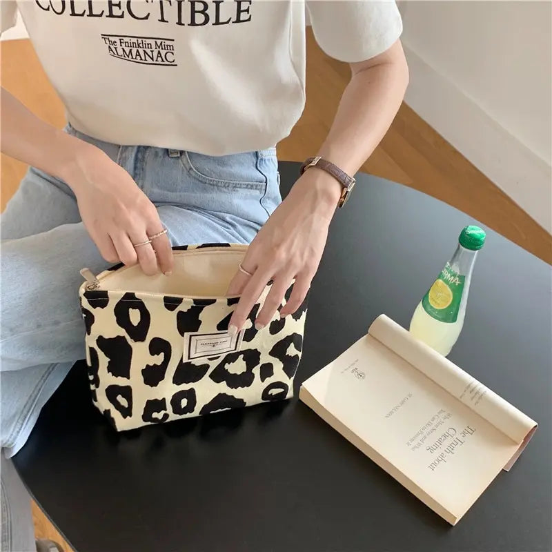 Pink Leopard Print Women Cosmetic Bag Retro Flower Ladies Small Clutch