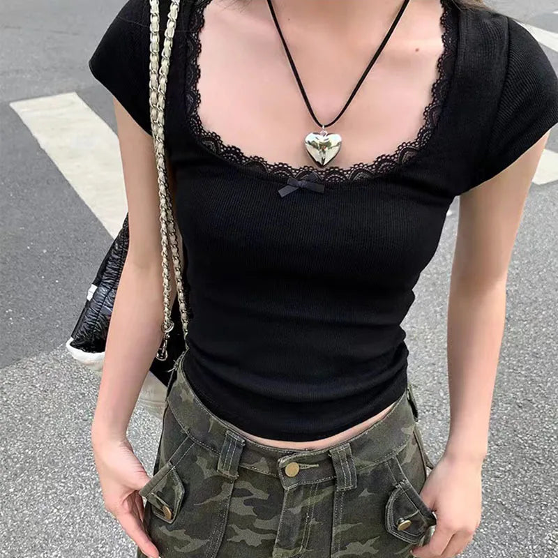 Y2k Lace Patchwork Crop T-shirt Women Vintage Streetwear Sexy Slim U