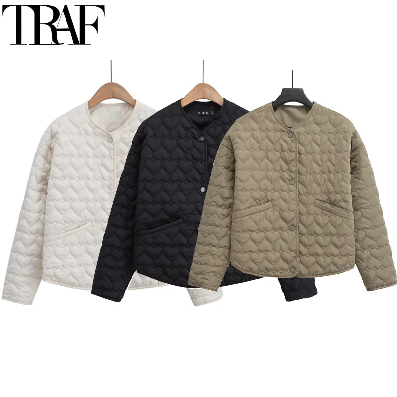 TRAF Winter Coats Woman Parkas Heart Quilted Jacket Women Autumn Long