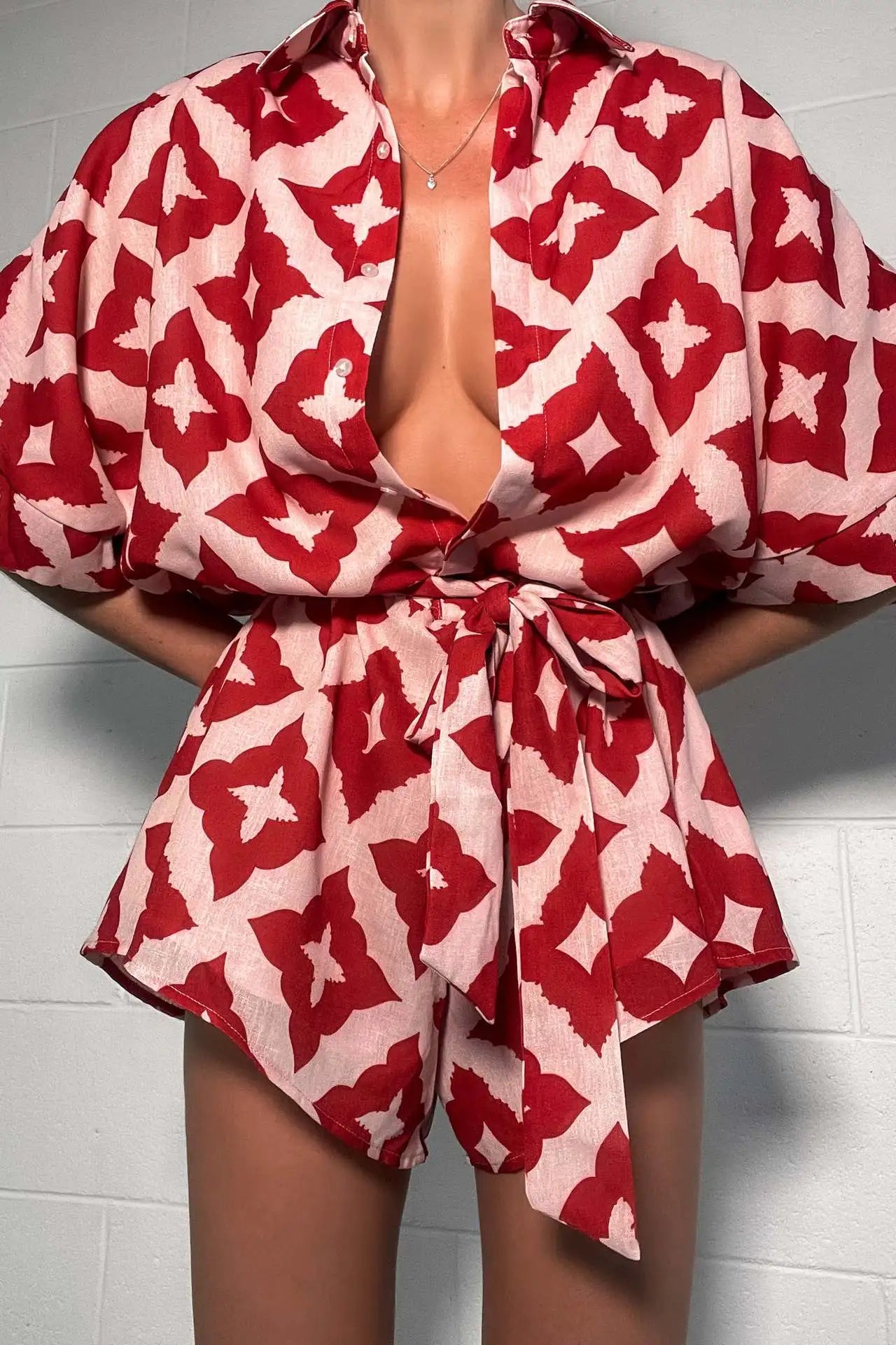 2024 New Autumn Women Loose casual Print Strap Jumpsuit Red Print Bow