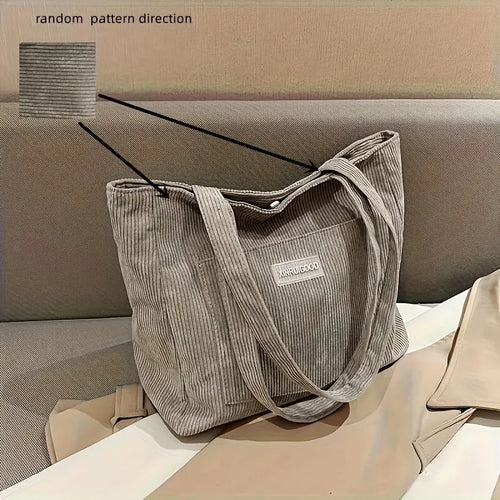 Large Capacity Shoulder Bag Trendy Corduroy Tote Bag Solid Color