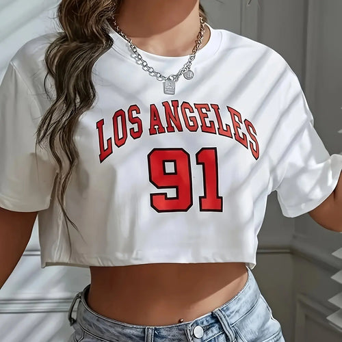 Los Angeles Number 91 Graphic Round Neck Sports Crop T-shirt Crew Neck
