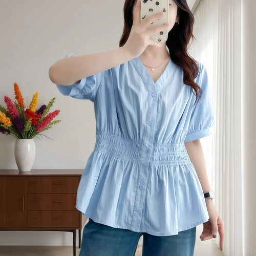 200 Pounds Plus Size Elastic Waist Summer Shirt And Blouse Short