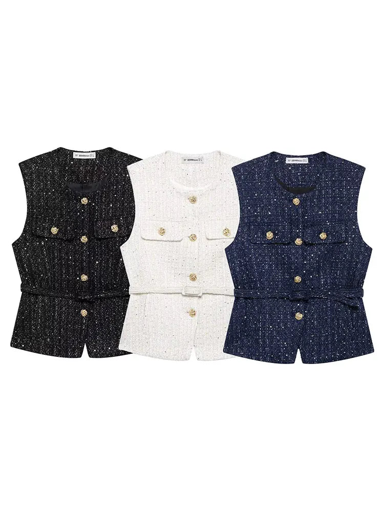 TRAFZA Women Fashion Tweed Belt Waistcoat O Neck Single Breasted