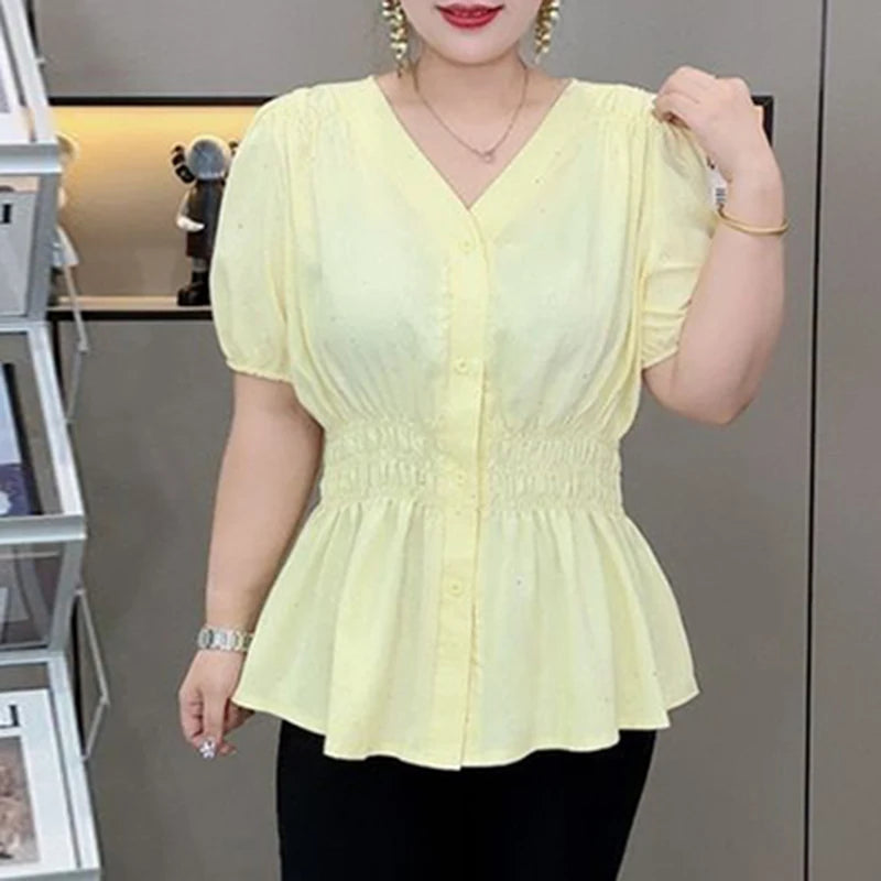 200 Pounds Plus Size Elastic Waist Summer Shirt And Blouse Short
