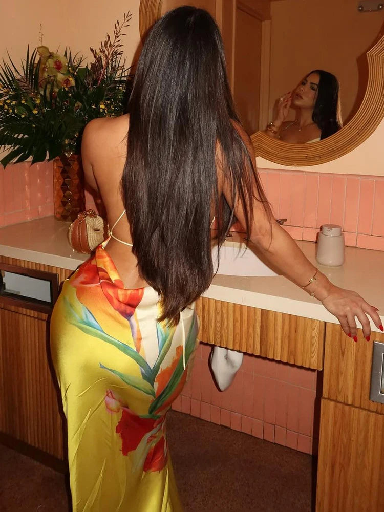 Weird Puss Floral Print Sexy Lace-Up Backless Dress Women Ruched Swing