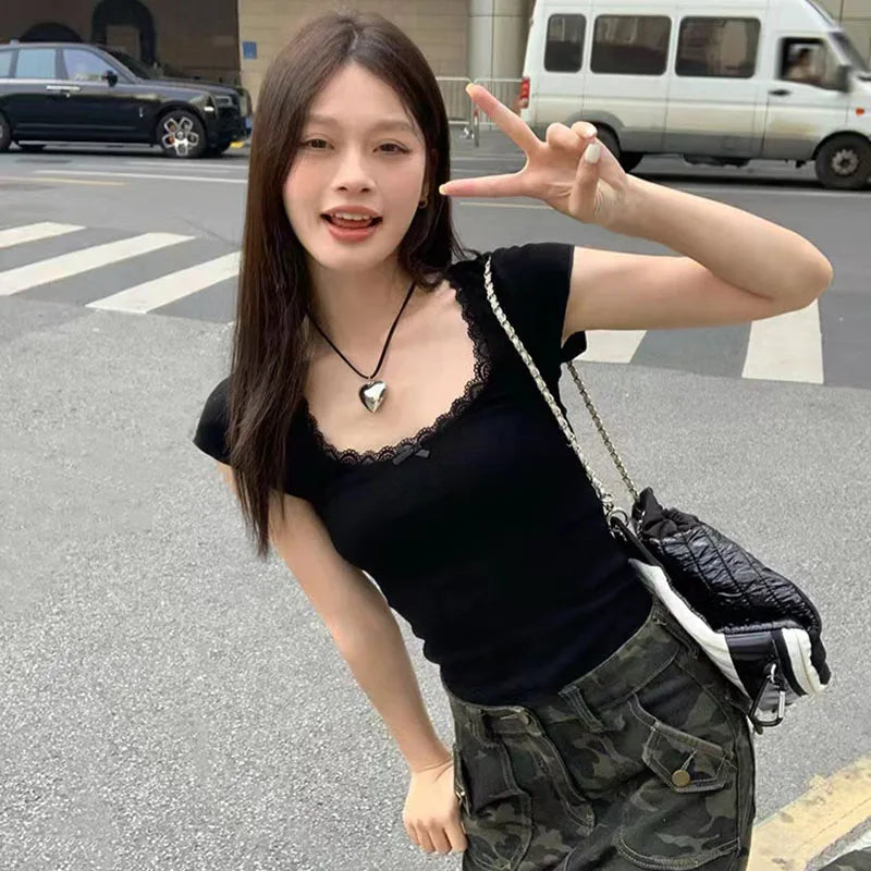 Y2k Lace Patchwork Crop T-shirt Women Vintage Streetwear Sexy Slim U