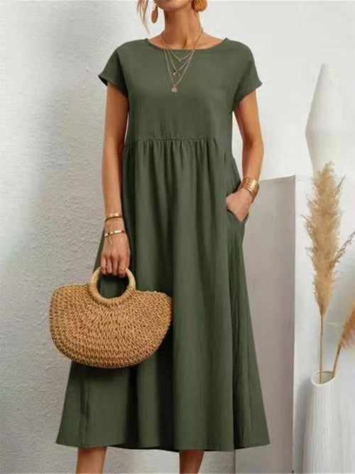 Women Elegant Solid Maxi Dress Summer Short Sleeve O Neck Vintage