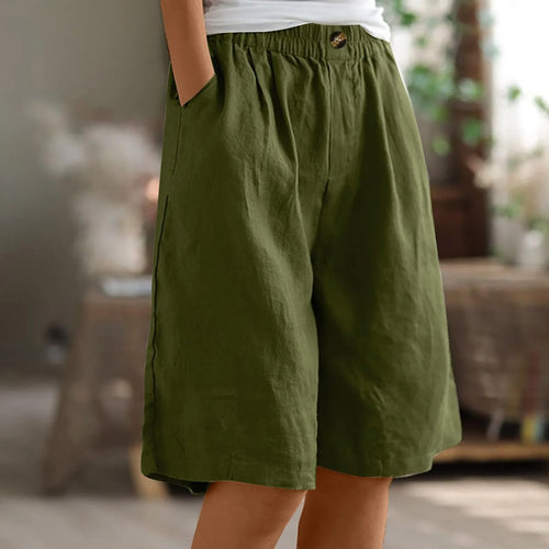 Cotton Linen Shorts Women Summer New Solid Vintage Elastic Waist Wide