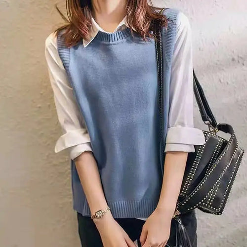 College Style Hem Three Button Sweater Knitted Vest Women Solid O Neck