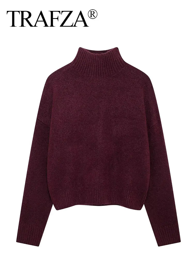 TRAFZA Women Vintage Burgundy Turtleneck Sweater Casual Long Sleeve