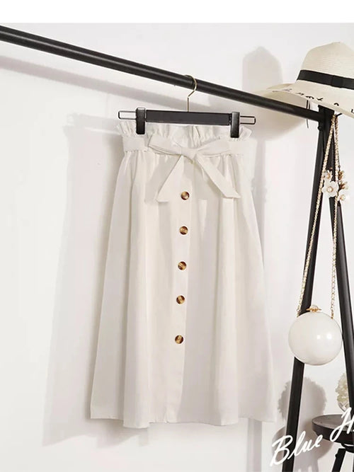 Summer Autumn Skirts Womens Midi Knee Length Korean Elegant Button