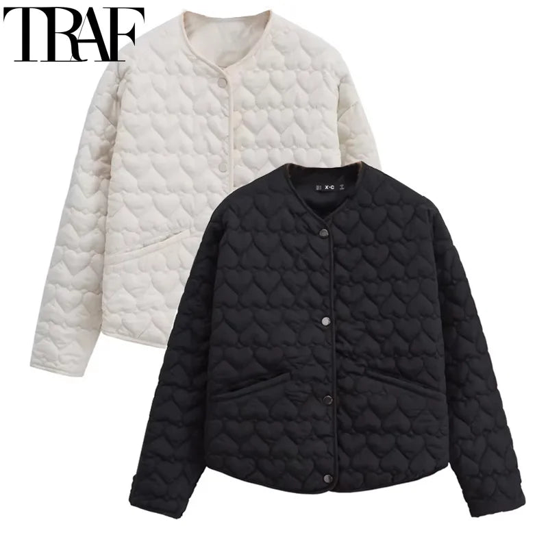 TRAF Winter Coats Woman Parkas Heart Quilted Jacket Women Autumn Long