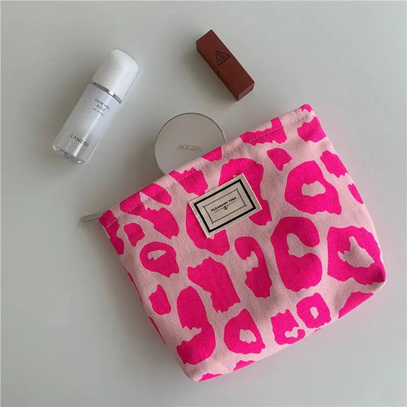 Pink Leopard Print Women Cosmetic Bag Retro Flower Ladies Small Clutch