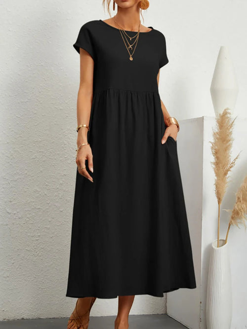 Women Elegant Solid Maxi Dress Summer Short Sleeve O Neck Vintage