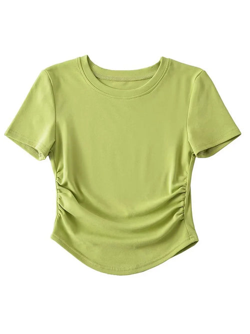 Harajuku Women Crew Neck Short Sleeve Cotton Tee With Ruched Sides