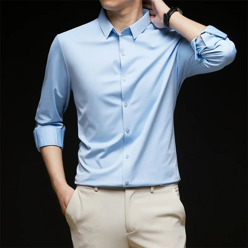 New Men's Business Casual Long Sleeved Solid Color Shirt Wrinkle