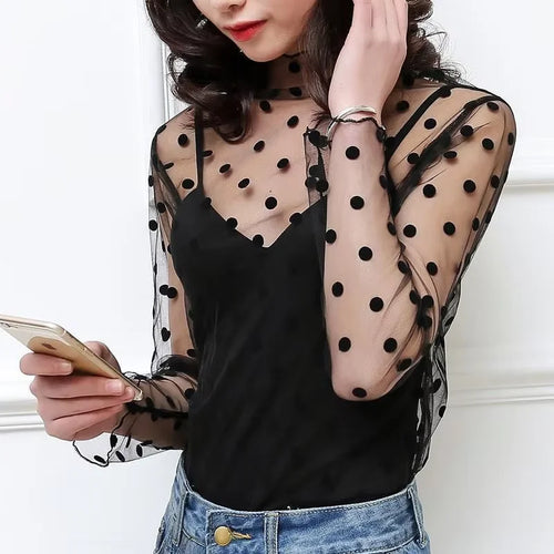 Spring Summer Women Sexy Black Mesh Tops Bottoming T Shirts