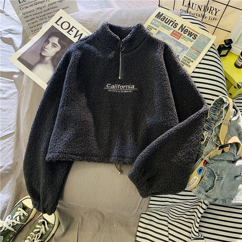 Women Stand Neck Fleece Cropped Hoodies Autumn Letter Embroidery Long