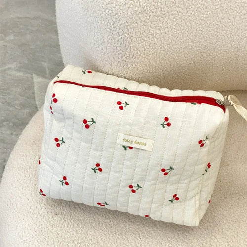 Quilted Cotton Ladies Travel Storage Bag Retro Cherry Women's Cosmetic