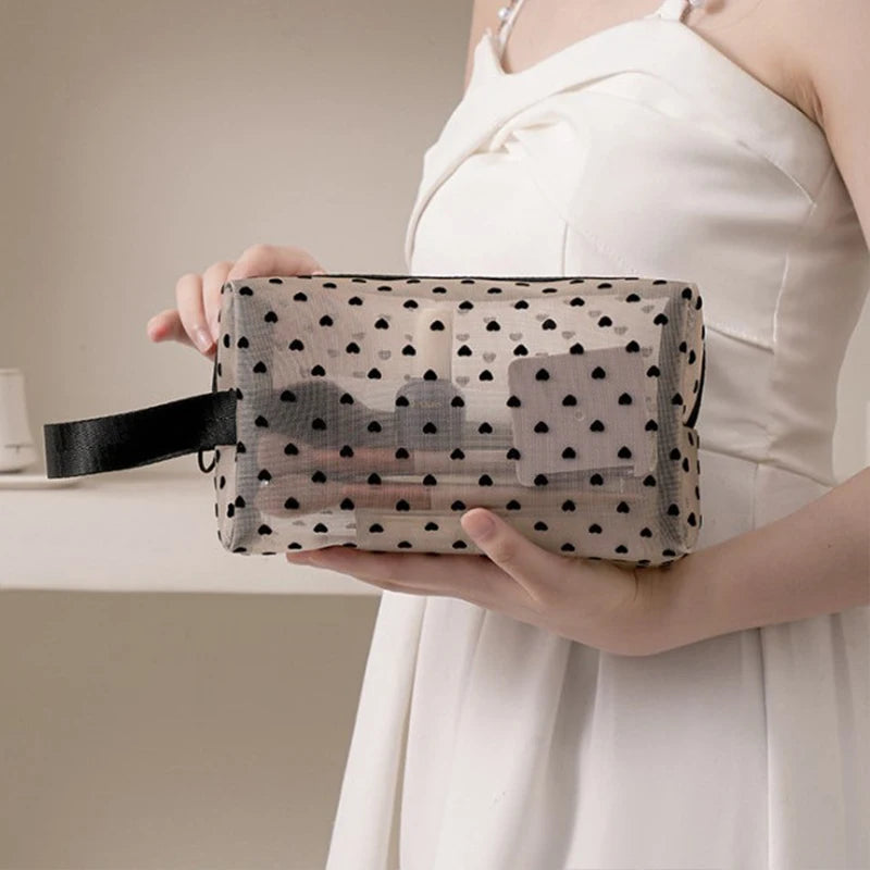 Heart Transparent Mesh Makeup Bag Multifunction Portable Women