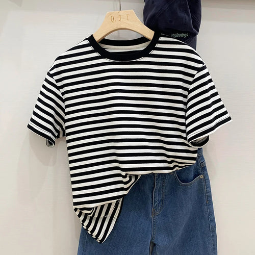 Summer Short Sleeve Striped T-Shirts Versatile Women Knitted Basic