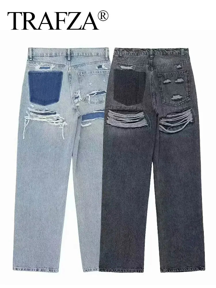 TRAFZA Jeans For Women Fashion Vintage Holes Decorated Denim Pant