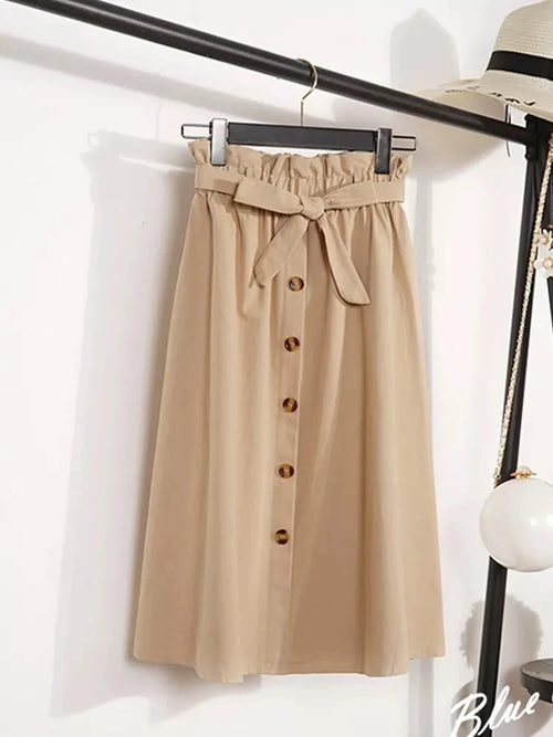 Summer Autumn Skirts Womens Midi Knee Length Korean Elegant Button