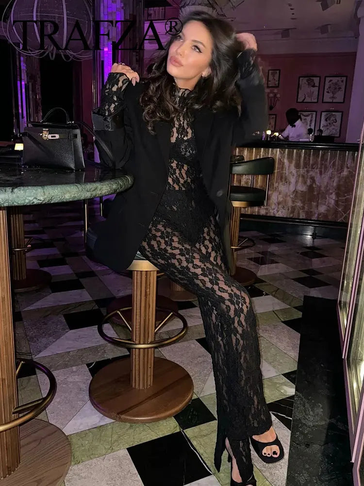 TRAFZA Womens Lace Pants Sets Slim Jumpsuits Top + High Waist Trousers