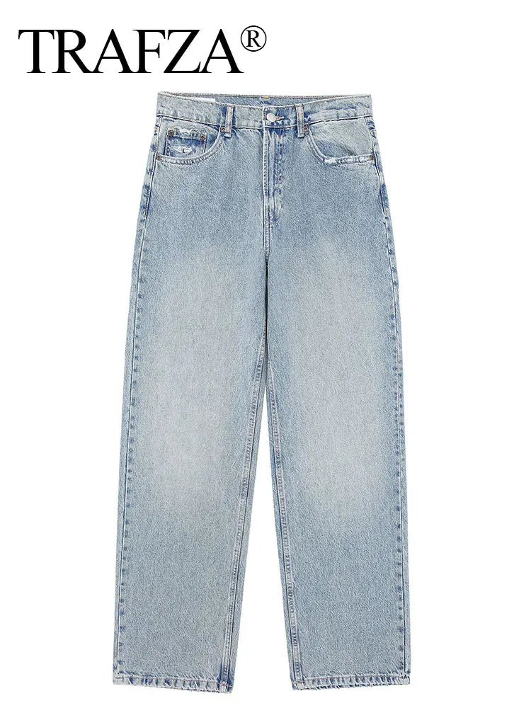TRAFZA Jeans For Women Fashion Vintage Holes Decorated Denim Pant
