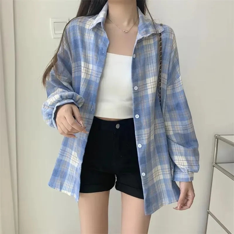 Plaid Shirt Women Fashion Autumn Long Sleeve Top Female Vintage Single