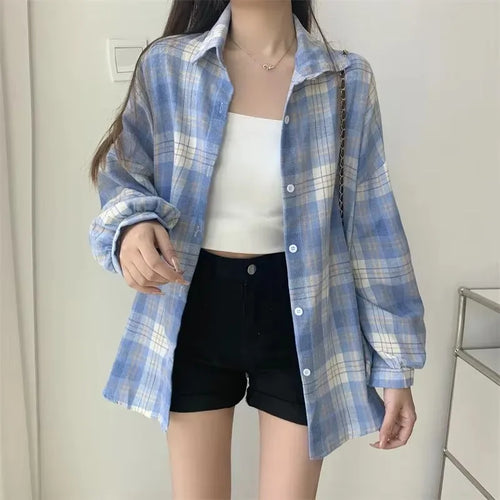 Plaid Shirt Women Fashion Autumn Long Sleeve Top Female Vintage Single