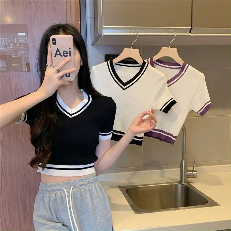 Sexy Versatile V-neck Short Sleeve T-shirt Women Summer Design Fresh