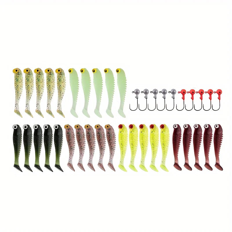 40pcs/lot Soft Lure Kit Soft Fishing Lure 5cm 3.5g Jig Head Hook with
