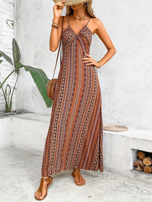 Women's Summer Ethnic Pattern Backless Split Thigh Dress Ladies Summer