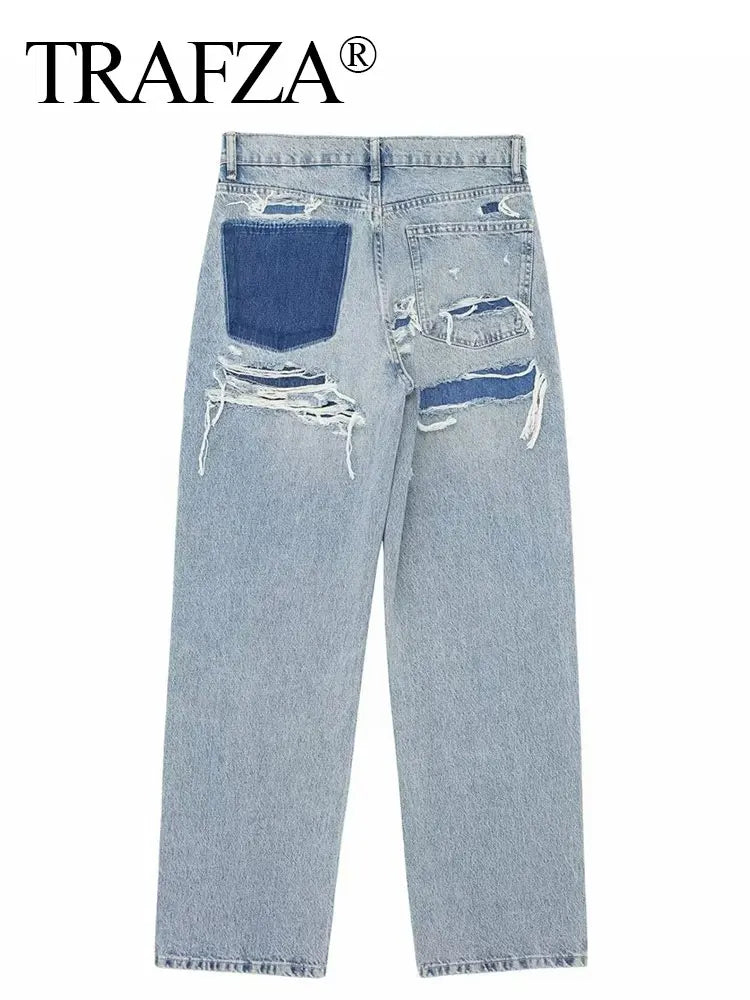 TRAFZA Jeans For Women Fashion Vintage Holes Decorated Denim Pant