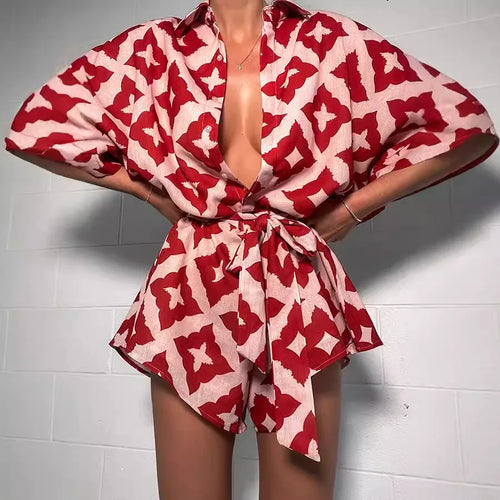 2024 New Autumn Women Loose casual Print Strap Jumpsuit Red Print Bow